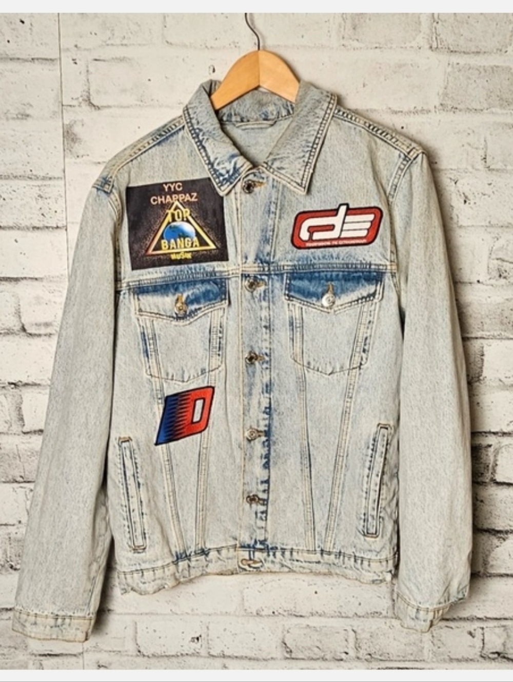 Zara Patch Denim Jacket Light Wash Trucker Streetwear Graphic M